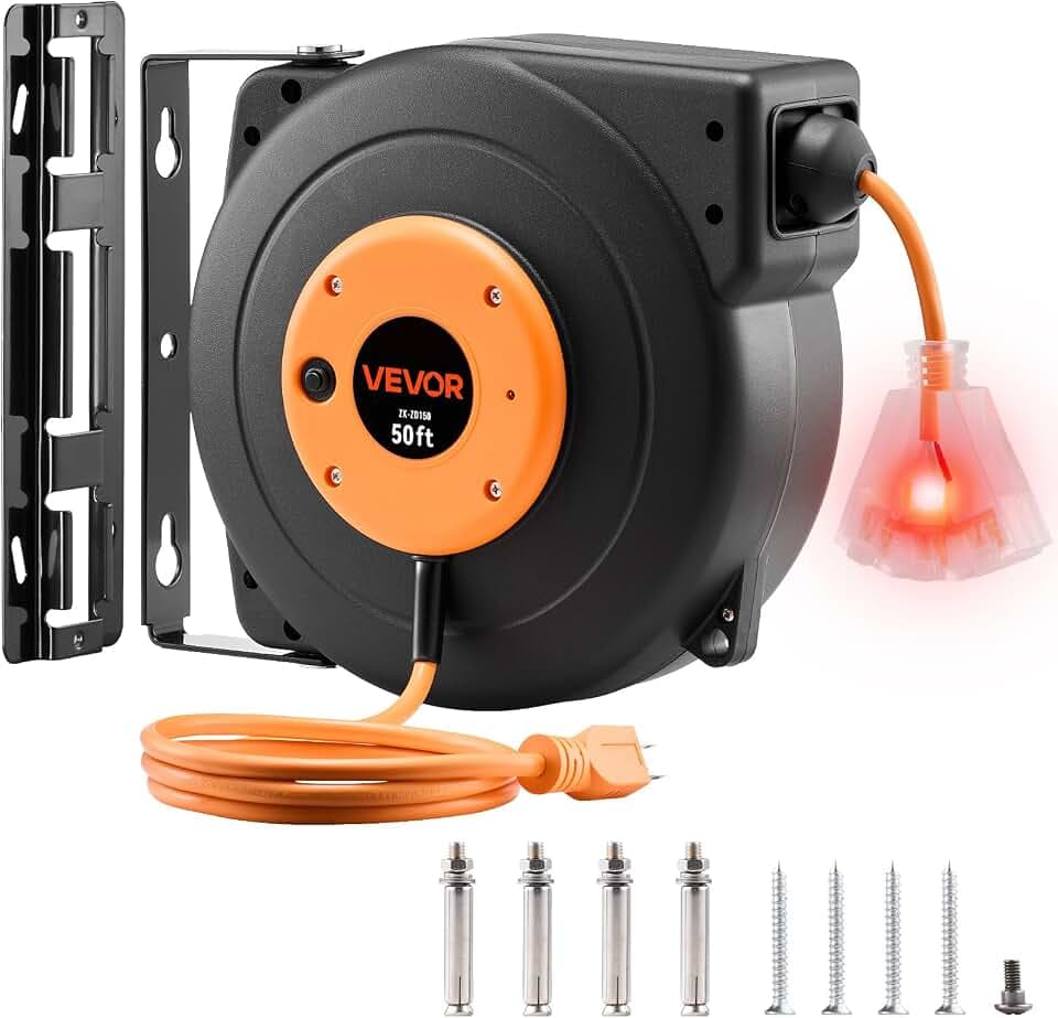 VEVOR Retractable Extension Cord Reel 50FT Heavy Duty 14AWG/3C SJTOW Orange