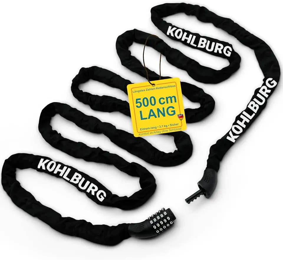 KOHLBURG 5m Kettenschloss extra lang mit Zahlenkombination & 6mm Stahlkette