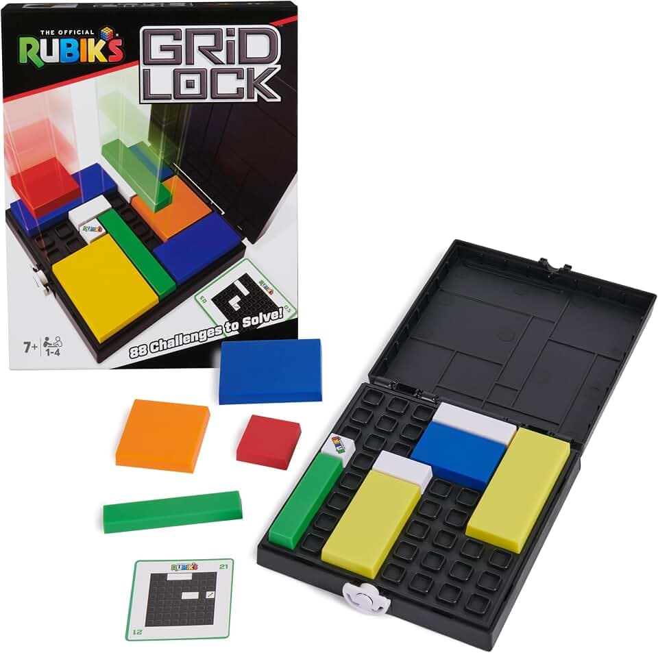 Rubik’s Gridlock, spannendes Knobelspiel mit 88 Aufgabenkarten, 4 Verschiedene Schwierigkeitsgrade, praktische Box für unterwegs, für 1 und mehr Spieler*Innen ab 7 Jahren