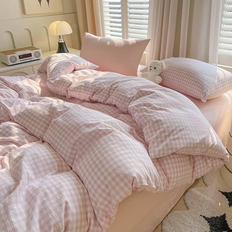 LifeTB Pink Gingham Duvet Cover Twin XL 100% Washed Cotton Girls Pink White Plaid Checkered Comforter Cover Soft Breathable Plaid Duvet Cover with 2 Pillowcases Grid Pattern Cute Gingham Bedding Set