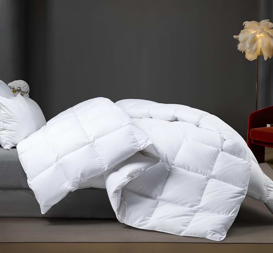 All Season 100% Cotton Down Comforter King Size,High Fill Power White Down Fluffy Hotel Style Duvet Insert, Noiseless Eco-Friendly, 8 Corner Tabs, Machine Washable, King Size(106×90,60oz)