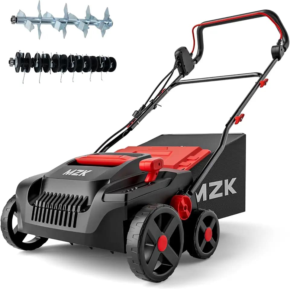 MZK 15-inch 13-Amp 2-in-1 Electric Dethatcher and Scarifier w/Removeable 5-Position Height Adjustment,Lawn dethatcher w/12-Gallon Thatch Collection Bag,Keep Lawn Health