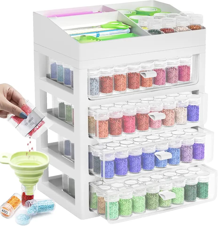 ARTDOT Diamond Painting Zubehör Boxen, 192 Stück 5D Diamant Painting Erwachsene Bilder Aufbewahrungsbox mit Koffer Trichter Stickers