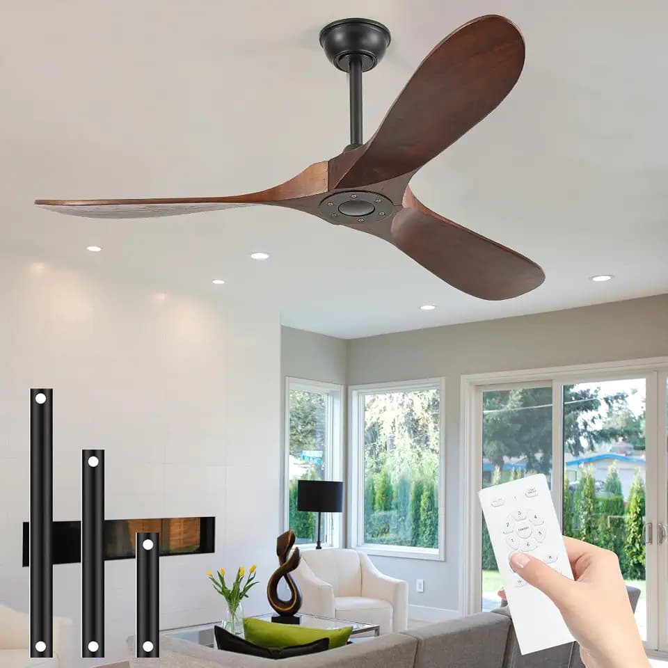 52'' Solid Real Wood Ceiling Fan no Light,DC Motor 6 Speeds Adjustable with Large Airflow,Outdoor Ceiling Fan Dark Walnut Finished for Garage,Gazebo,Living Room,Bedroom