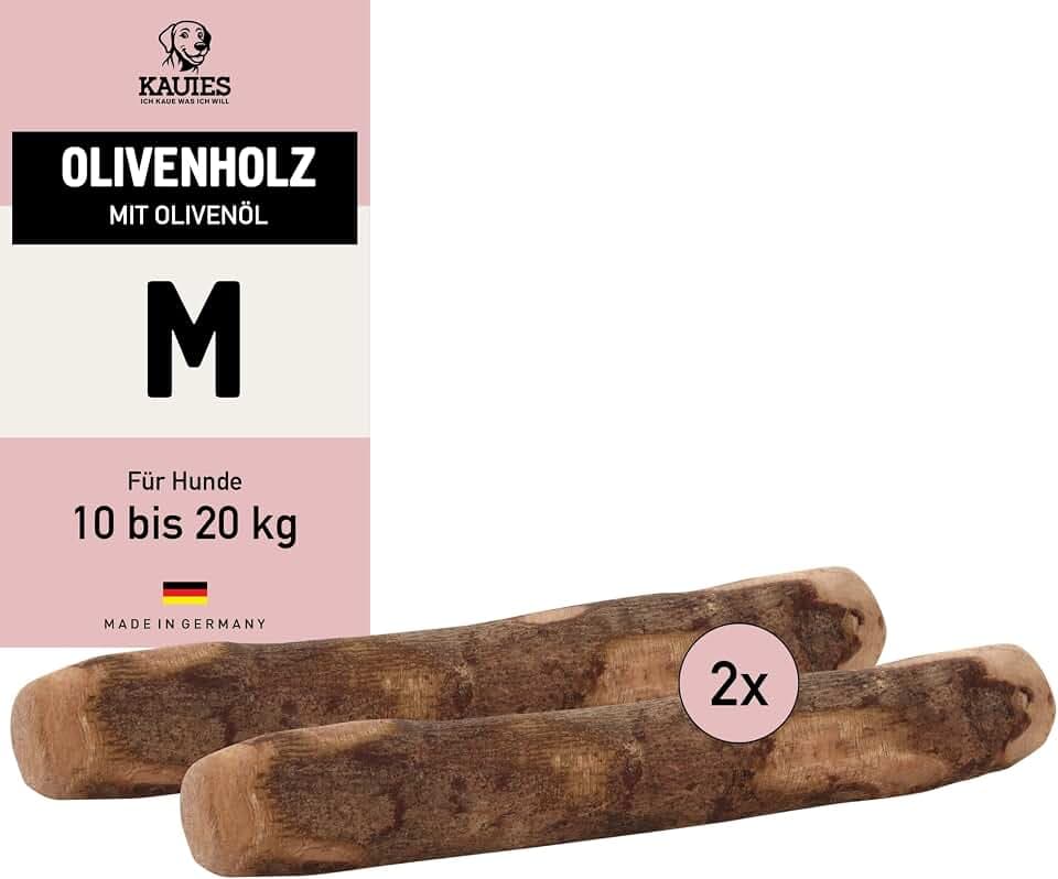 Olivenholz Kaustab für Hund mit Olivenöl - 100% natürlich, vegan & kalorienfrei - langelebiges Hunde-Spielzeug aus schadstoffgeprüftem Holz, Made in Germany, Größe M bis 20 kg (2er Pack)