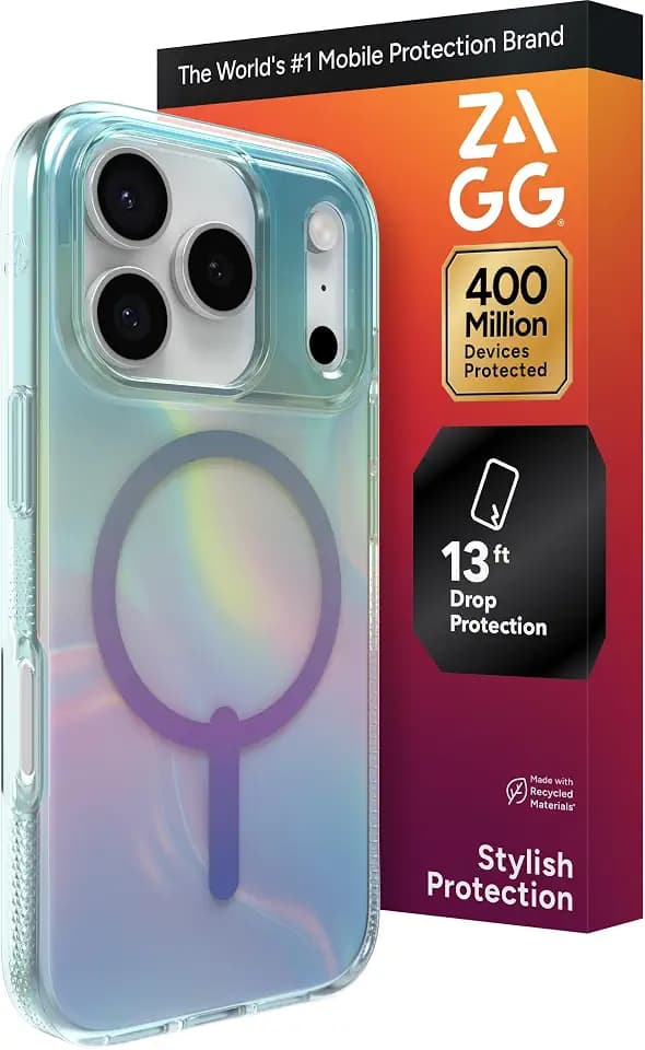 ZAGG Milan Snap Case for iPhone 17 Pro - Iridescent Bubble, Graphene Strengthened Phone Case with Drop Protection (13ft/4m), Textured Edges & Sparkle Design, MagSafe Charging Compatible
