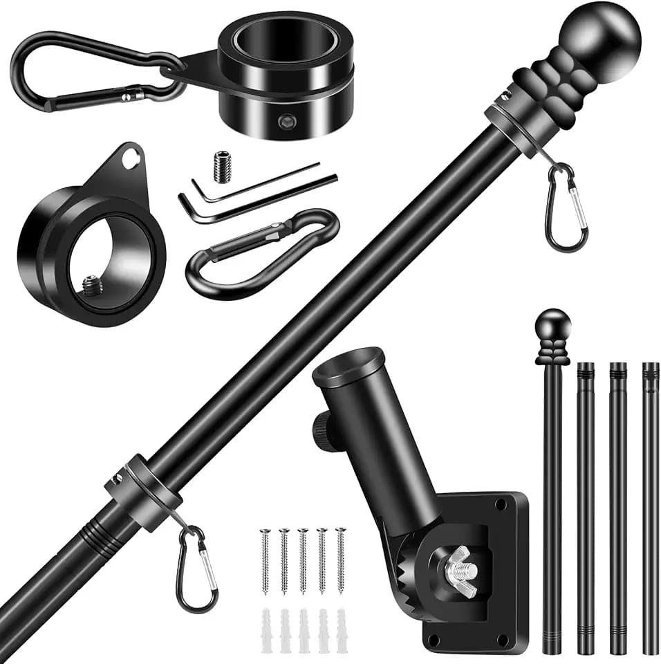 BONWIN Black Flag Pole Kit for House, 5 FT Thickened Stainless Steel Outside Porch Wall Flagpole for 3x5' Flag, 1" Tangle Free Rotating Flag Pole Rings & 180° Adjustable Multi-Positions Bracket Holder
