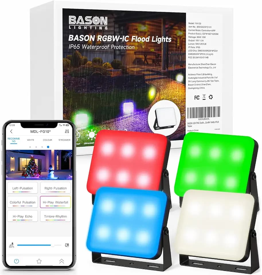 BASON LIGHTING Smart RGBW Flood Lights, Outdoor Ground Lights, 12V Power Adapter Low Voltage Led Landscape Spotlights, IP65 Pathway Light Wired with App Control, 48 Scene Modes, Patio Light, 4 Pack