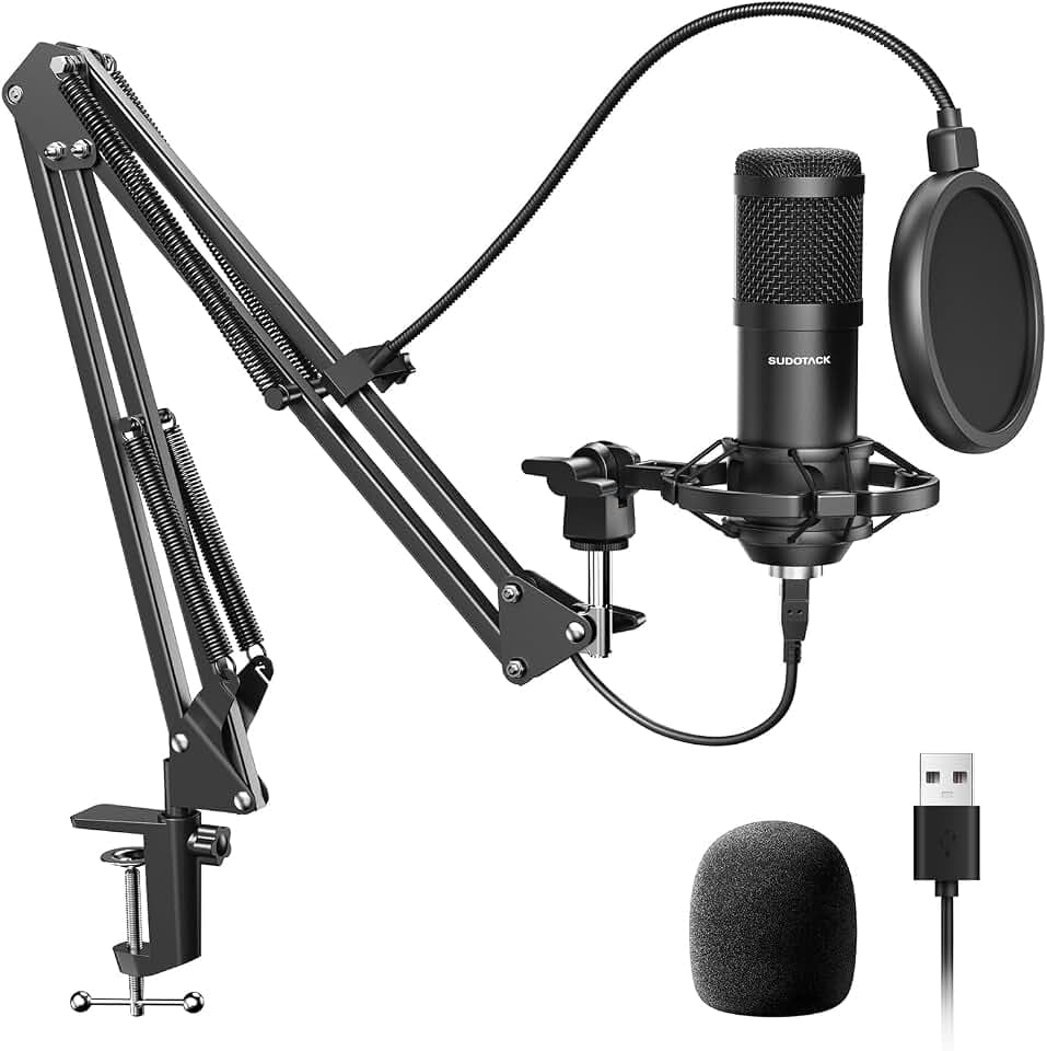 SUDOTACK USB Gaming Mikrofon, Professionelles Mikrofon PC Kondensator mit Arm, Popfilter, Mikrofonspinne für Podcasting, Streaming, Aufnahme, YouTube, Twitch, Home Studio, Voice-Off