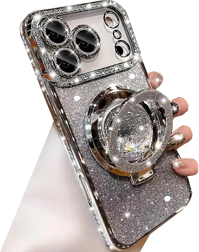 Changjia Glitter Kickstand Case for iPhone 17 Pro,Cute Luxury Bling Sparkly Diamond Rhinestone with Camera Lens Protector Liquid Flowing Ring Stand TPU Bumper Women Girls Case for iPhone 17 Pro,Silver
