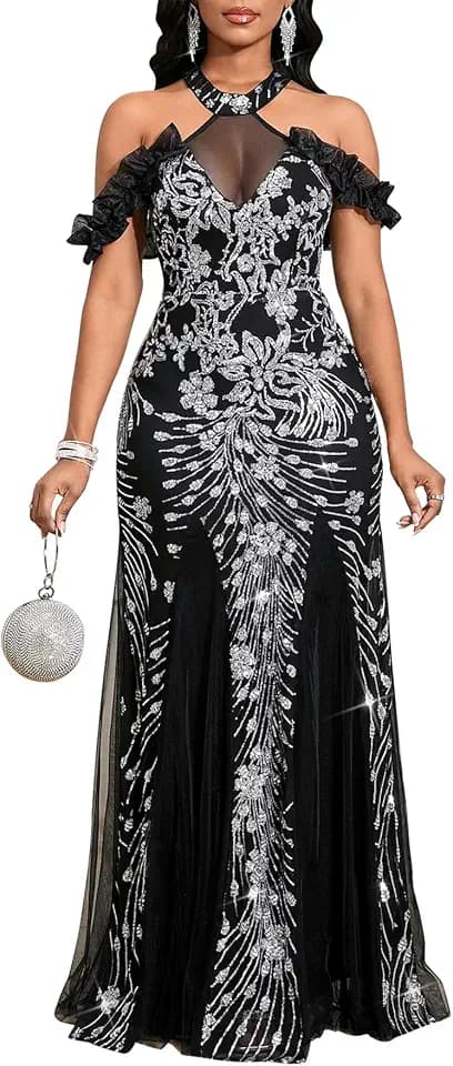 Cololura Women Sequin Halter Mesh Bodycon Formal Maxi Dress Evening Gown