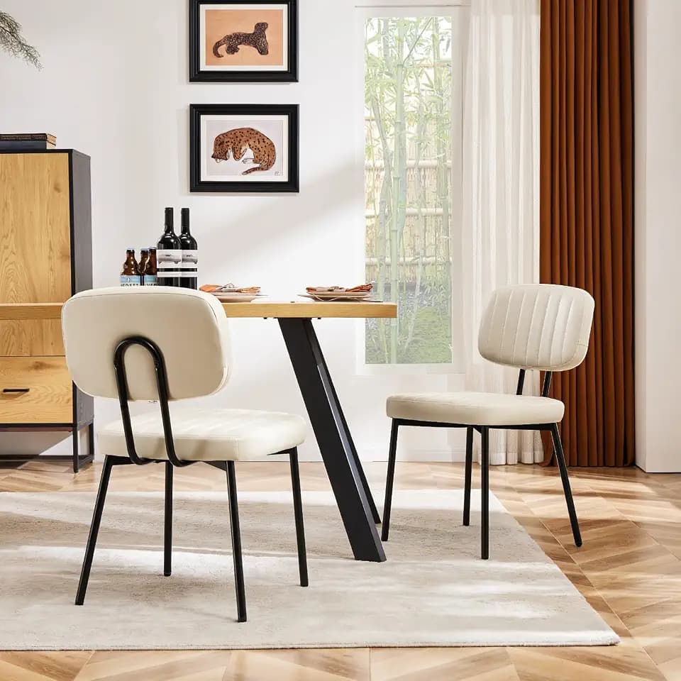 Sweetcrispy Dining Chairs Set of 2, Upholstered Mid Century Modern Kitchen Accent Chairs with Faux Leather Cushion Seat & Metal Legs for Home Office, Living Room-Beige White