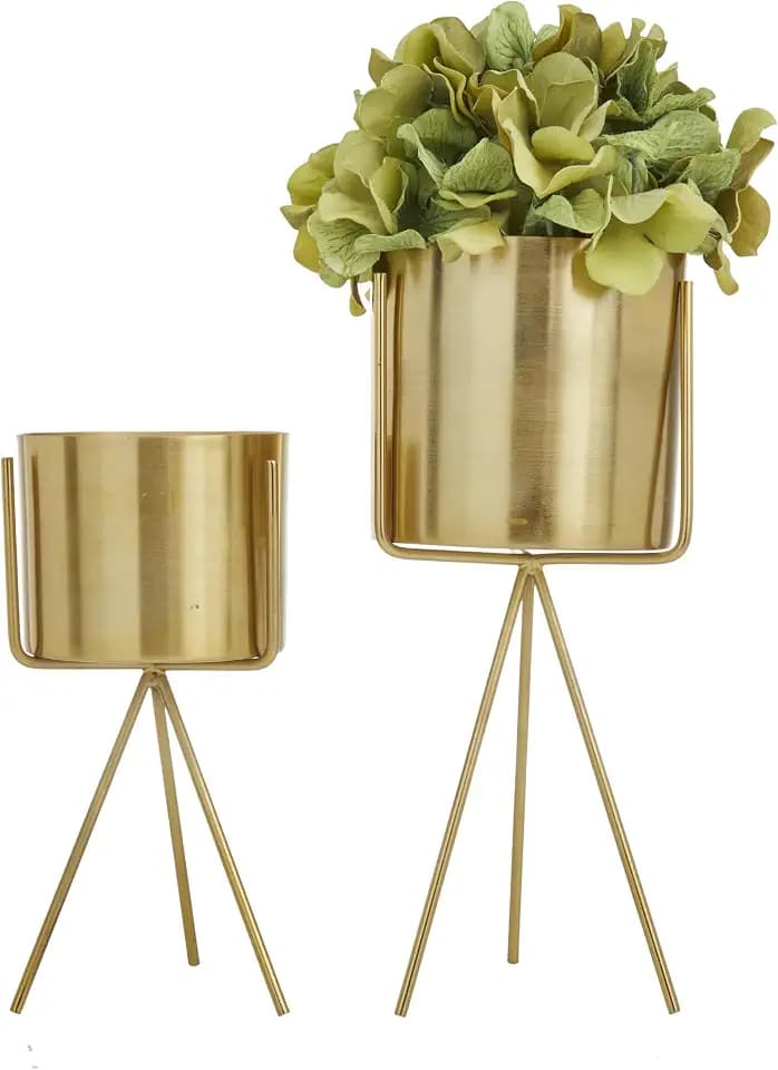 CosmoLiving by Cosmopolitan Metal Indoor Outdoor Planter Small Small Planter Pot with Removable Stand, Set of 2 Planters 12", 9"H, Gold