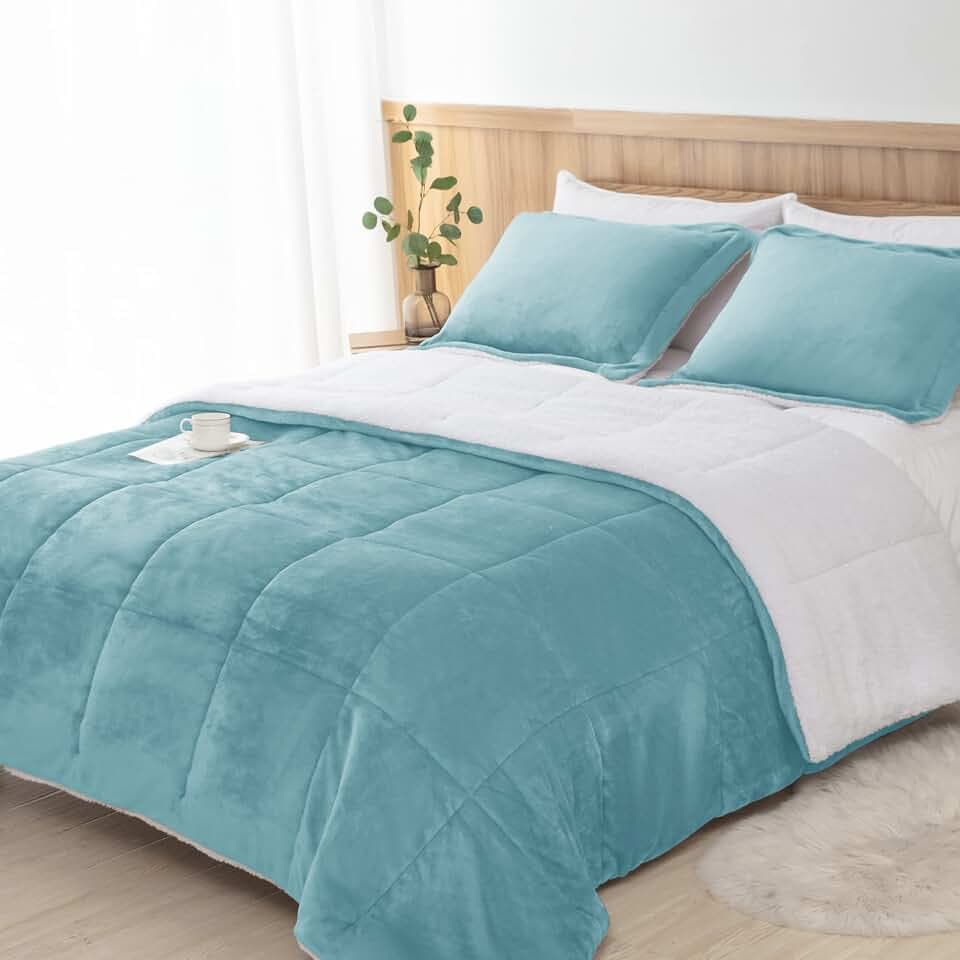 Sherpa Comforter Set King Size, Smoke Blue Bedding Set with Shams