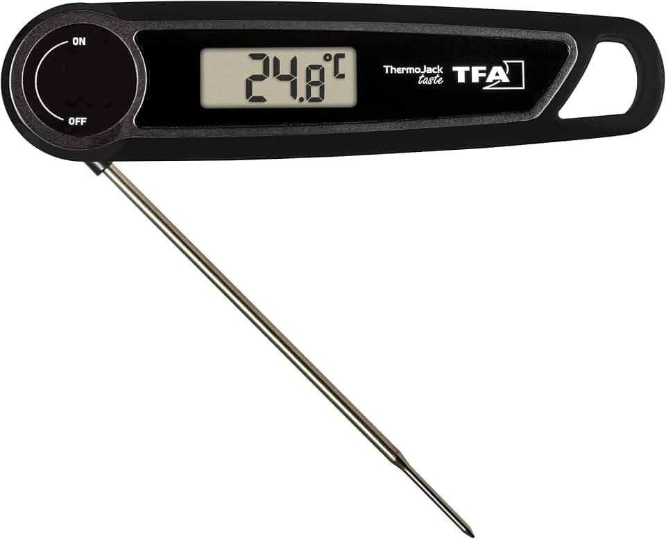TFA Dostmann Digitales Fleischthermometer Thermo Jack Taste, 30.2035, +/- 0,5° genaues Messen, Grillthermometer, für BBQ, Kochen, schnell, abwaschbar (IP65), dünne Edelstahlspitze, Braten, schwarz