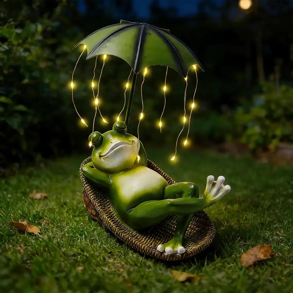 Solar Frog with Umbrella Statue - LED Solar Powered Garden Decor, Auto On/Off Waterproof Resin Outdoor Sculpture for Patio, Yard, Pond, Unique Gardening Gifts for Women & Mom