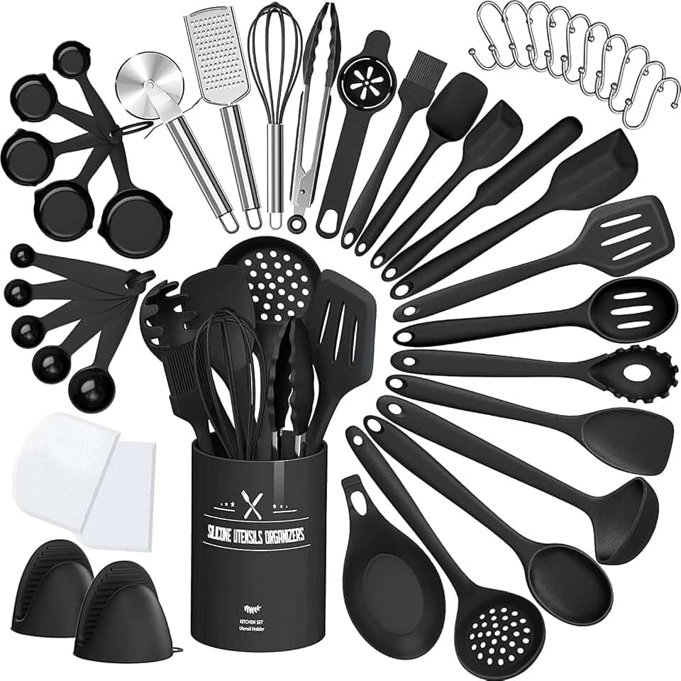 Küchenhelfer Set, 43-teiliges Silikon Kochutensilien Kochbesteck Set, Hitzebeständiger Kochgeschirr mit Utensilienhalter, Antihaft Kochset Küchenutensilien, Spülmaschinenfest - Schwar