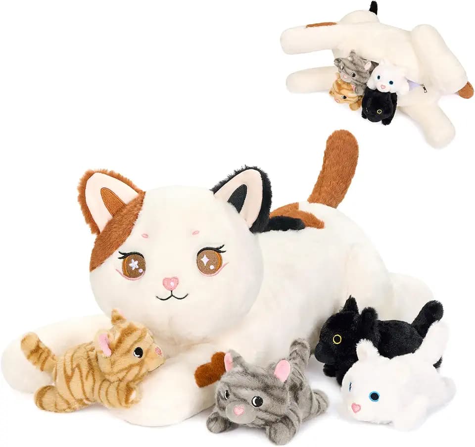 Onsoyours Original 5PC Cat Stuffed Animals with Babies Inside, Kawaii Kiity Plush with Mommy & 4 Kittens - Cute Plushies Toys for Girls Kids (White)