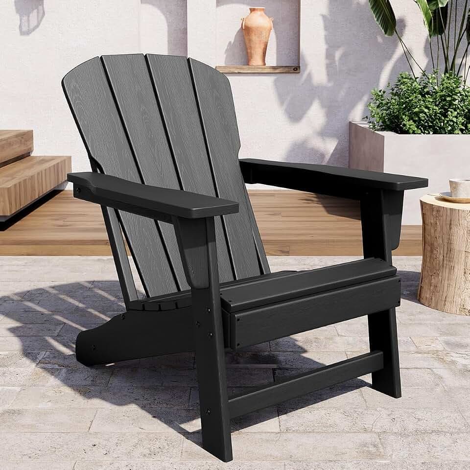 Modern HDPE Plastic Adirondack Chair - Oversize 380 LB Poly Lumber Weather Resistant Firepit Chair - Outdoor Patio Chairs with Wooden Textured for Garden, Backyard, Lawn, Deck, Pool, Porch - Black