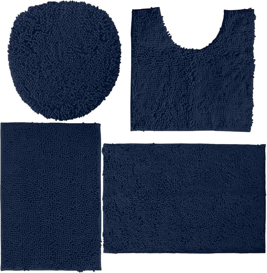 LuxUrux Bathroom Rugs Sets 4 Piece - Non-Slip Shaggy Chenille Mat Set - Includes U-Shaped Contour Toilet Mat, Lid Cover, 20x30'' and 16x24'' Bath Mat - Navy