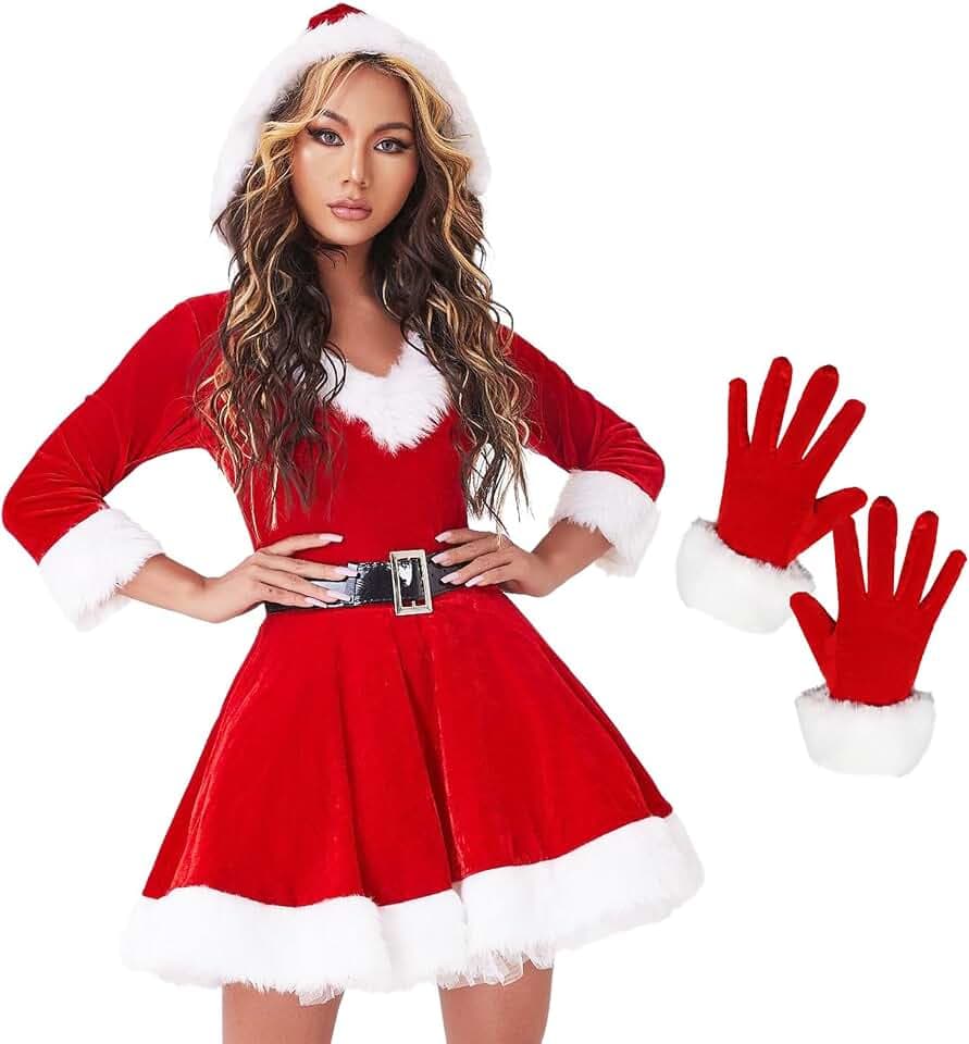 Weihnachtsfrau Kostüm Damen, Weihnachtsmann Kostüme Damen, Weihnachtskleid Hohe Taille mit Gürtel Handschuhe, Santa Kostüm Frau, Weihnachts Frau Outfit Rot für Weihnachtsfeier