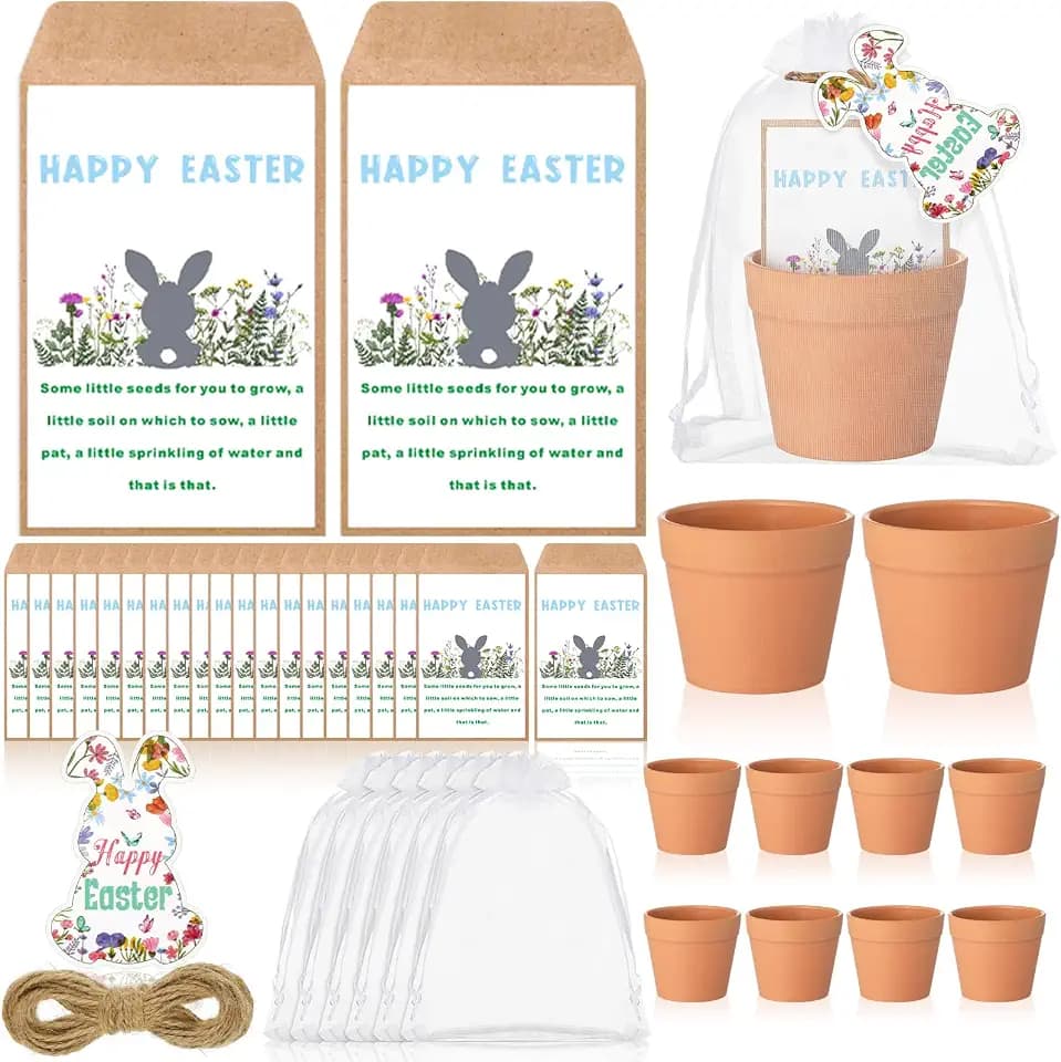Ctosree 24 Sets Easter Seed Packets Party Favors with Mini Pots Bunny Tags