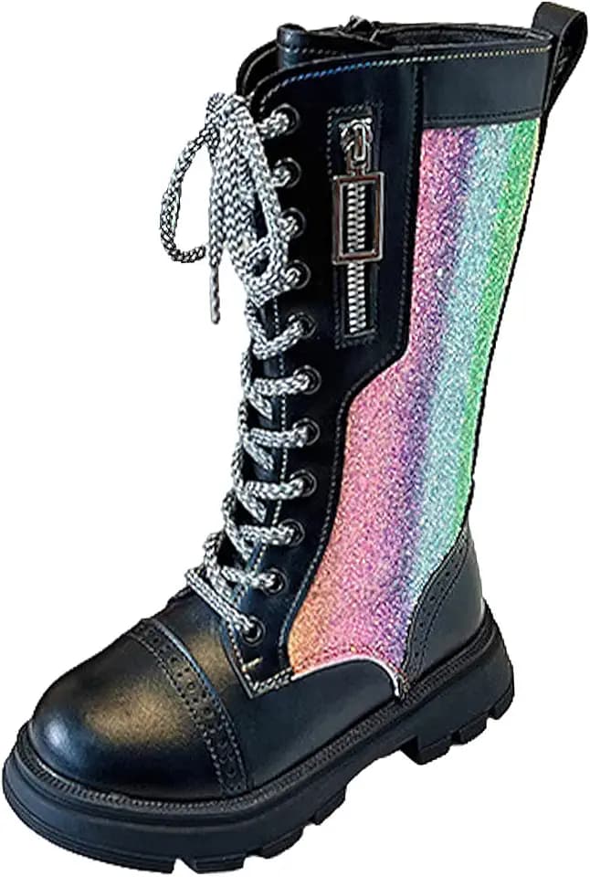 rismart Mädchen Kniehohe Reitstiefel Glitter Mode Seitenreißverschluss Runde Zehe Party Kleid Schuhe