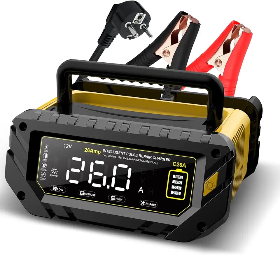 26A 6V/12V/24V Autobatterieladegerät-Haistio Intelligentes Ladegerät mit LCD-Display, Batteriepfleger, Erhaltungsladung&Entsulfatierung für AGM,Lithium,LiFePO4,Blei-Säure(Motorrad, Wohnmobil, Caravan)