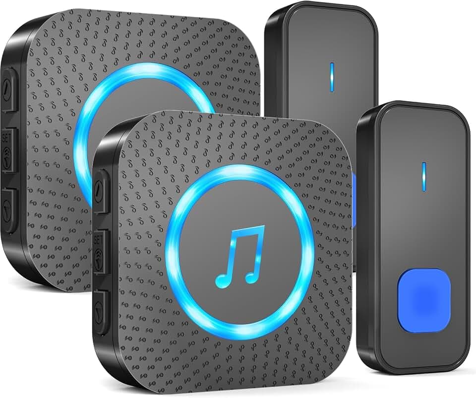 AIMAX Funkklingel mit 2 Sender und 3 Empfänger,klingel Haustür kit,400m Hohe Reichweite, IP55 Wasserdicht, 55 Klingeltöne, 5 Lautstärkestufen Mit LED-Blitz,kabellose Installation,Schwarz