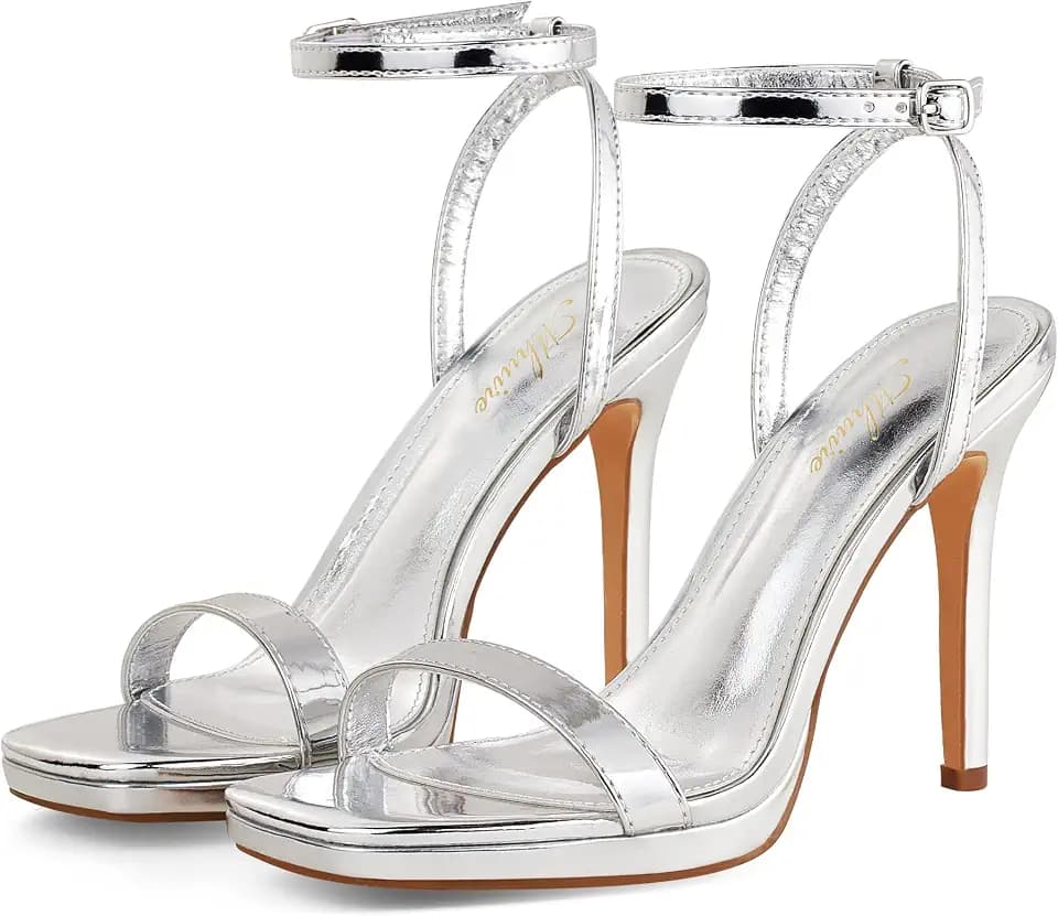 Women’s Stiletto Strappy Heeled Sandals, 4.3 Inch Square Open Toe Sexy High Heels Ankle Strap Buckle Heels for Party Wedding Dress Daily Wear Shoes