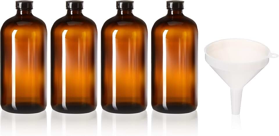 kitchentoolz 32 oz Amber Glass Bottles with Funnel – 4 Pack Boston Round Growlers with Polycone Seal Caps for Kombucha Brewing, Juices, Oils, and Film Processing