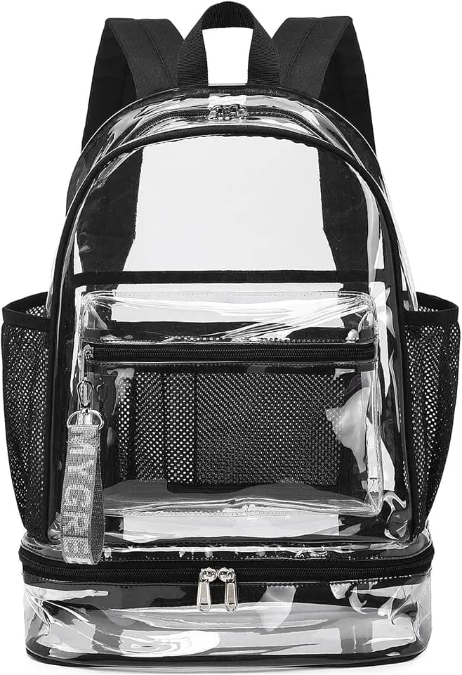 mygreen Clear Backpack with Bottom Compartment for Lunch Box or Shoes, 2-in-1 Design for School, Sports, Work, Stadium, Security, Travel, College Black