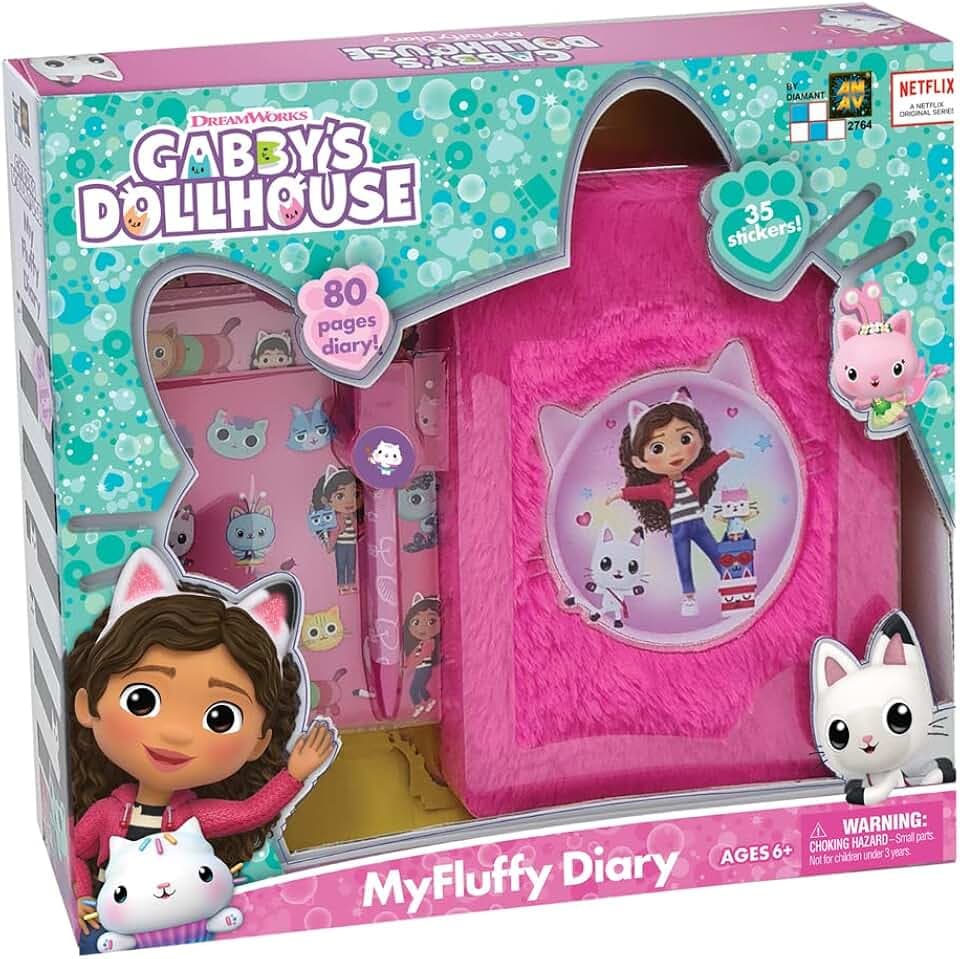 Cefa Toys - Aktivitätstagebuch, Puppenhaus von Gabby, Plüschtagebuch rosa mit 80 Seiten, inklusive 3 Stickern und Stift, kein Vorhängeschloss, geeignet für Kinder ab 6 Jahren