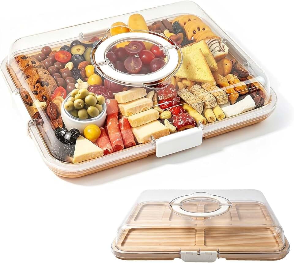 Käsebrett mit Deckel, Tragbares Bambus-Käsebrett mit 6 Fächern, Charcuterie Board für Snack, Holzbrett mit PET Käseglocke, Servierplatte für Käse, Wurst & Snacks, Ideal für Picknick, Brunch