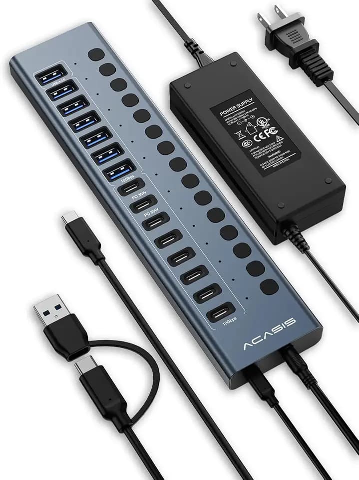 ACASIS Powered USB C Hub, 16-in-1 USB 3.2 Hub 10Gbps, 6 USB-A 3.2 + 2 USB-A 2.0+ 8 USB-C 3.2 Ports, Dual USB-C PD 30W, 150W Adapter, 3.3FT Cable, Aluminum USB Hub for PC, Laptop, Mac mini, iMac, iPad