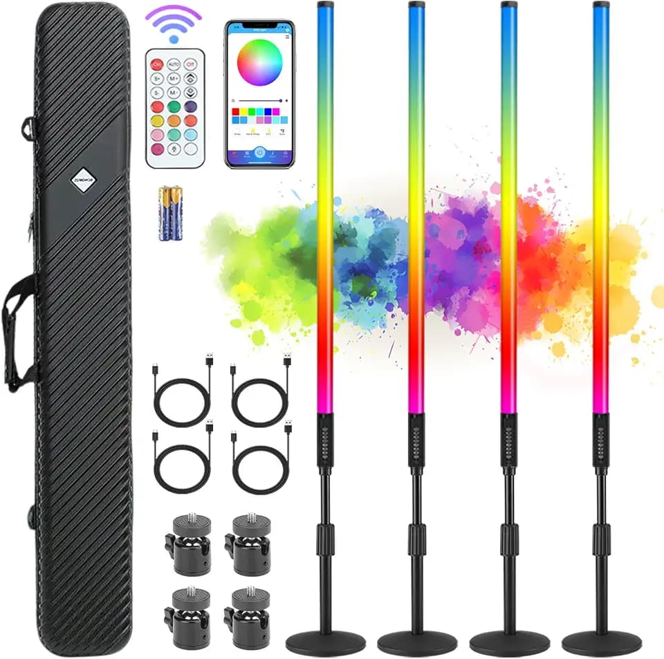 4Pack TL-130Pro RGB LED Tube Lights 4ft Stand with Case 5000mAh Battery Powered APP Control Music Sync 500+ Effects dj Lights Stick for Parties Studio Photography Wedding Booth Stage Lighting