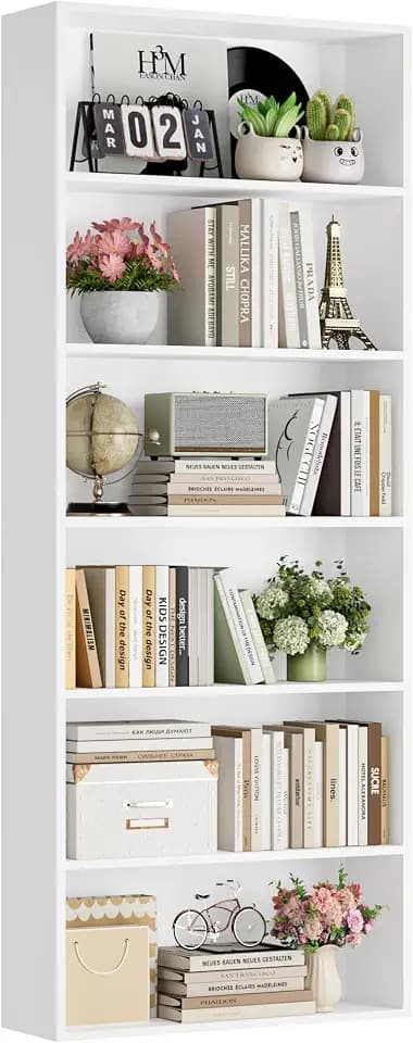 FOTOSOK 6 Tier Tall Bookshelf and Bookcase with Open Display Shelves, White