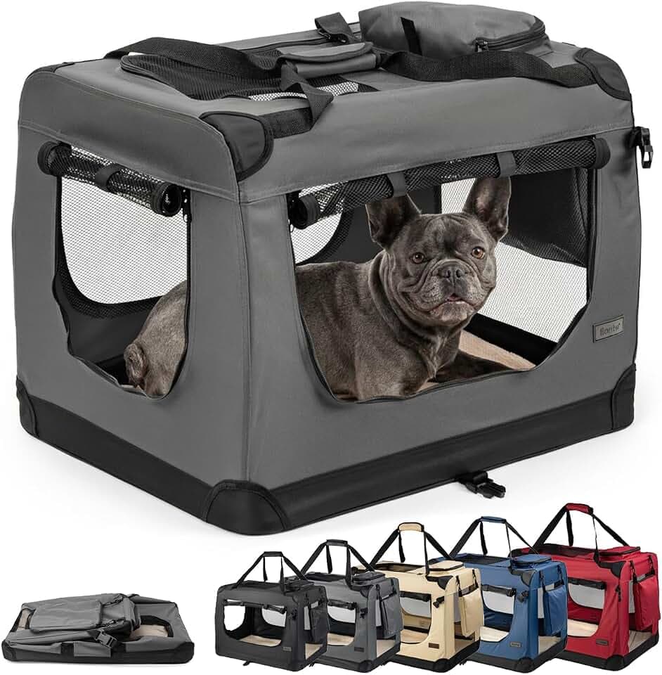 lionto Hundetransportbox, Faltbar, für Reise & Auto, 70x52x50 cm, Grau