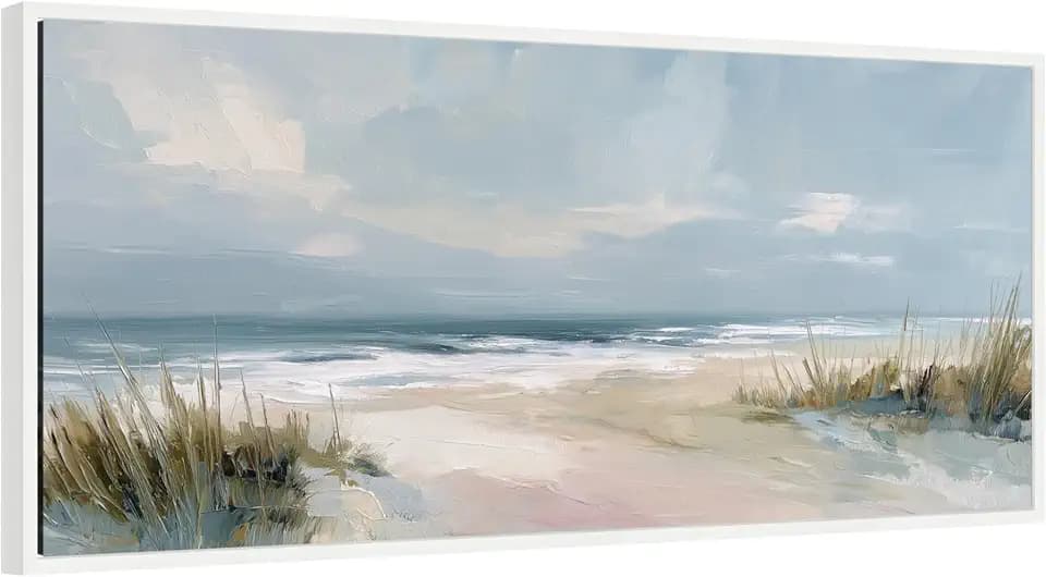 Kate and Laurel Framed Canvas Wall Art Print Beach Sand and Sky Panel by The Creative Bunch Studio, 40 x 18 Sylvie White Frame, Coastal, Beach Art for Wall Decor