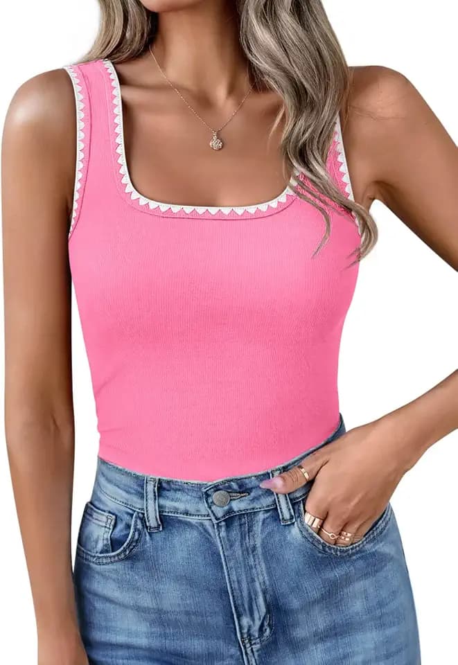 Yousify Women’s Square Neck Tank Tops 2026 Summer Sleeveless Shirts Casual Slim Fitted Color Block Ribbed Tanks