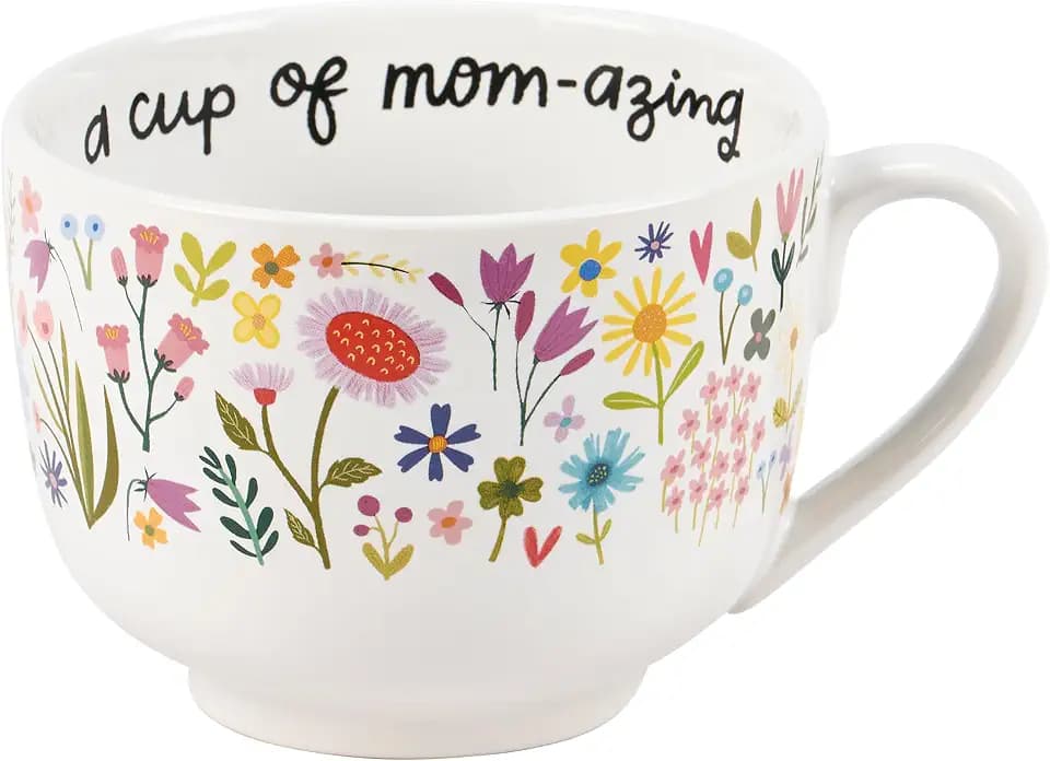 Primitives by Kathy Stoneware Latte Mug 18 oz, A Cup Of Mom-azing Floral Coffee Cup | Novelty Inspirational Drinkware & Kitchen Gifts