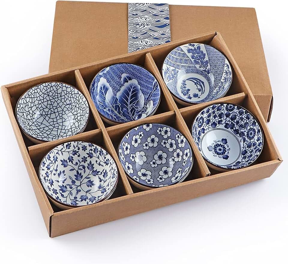 Skelang Keramikschalen, japanische Töpferschalen mit Geschenkbox, Porzellan-Servierschalen für Reis, Suppe, Dessert, Snack, 300 ml, 6 Stück