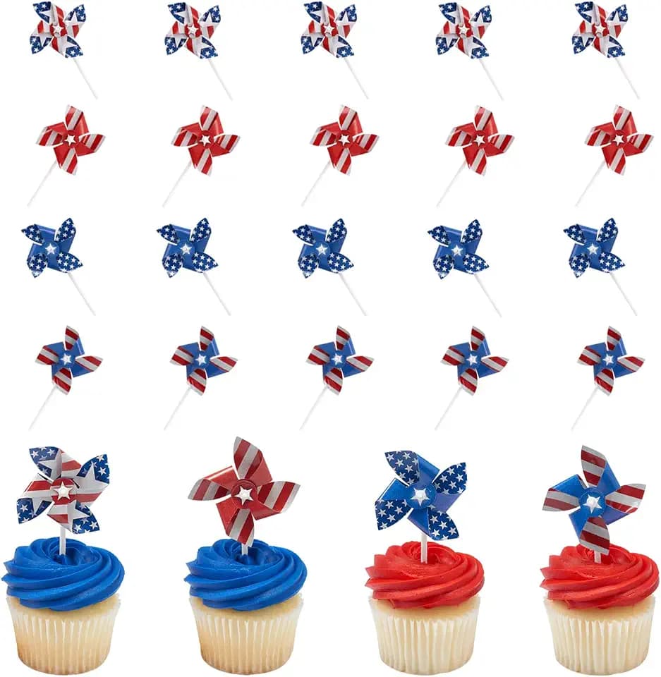 USA Spinning Pinwheel Cupcake Decoration Toppers | 24 Pack Party Cake Pics