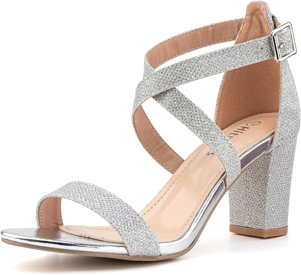 Hitmars Sandalen Damen mit Absatz Sandaletten Elegant Sommerschuhe Blockabsatz Absatzschuhe Frauen Mode Keilsandalen SM23 Silber 41