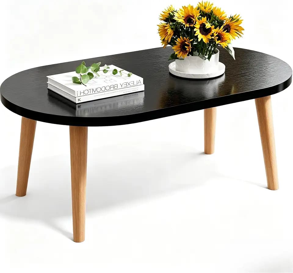 Small Coffee Table, Low Table with Solid Wood Legs, 23.6" Mini Oval Accent Table Side End Table, Floor Table Desk for Sitting on The Floor, Coffee Tea Table for Living Room, Dorm, Apartment, Black