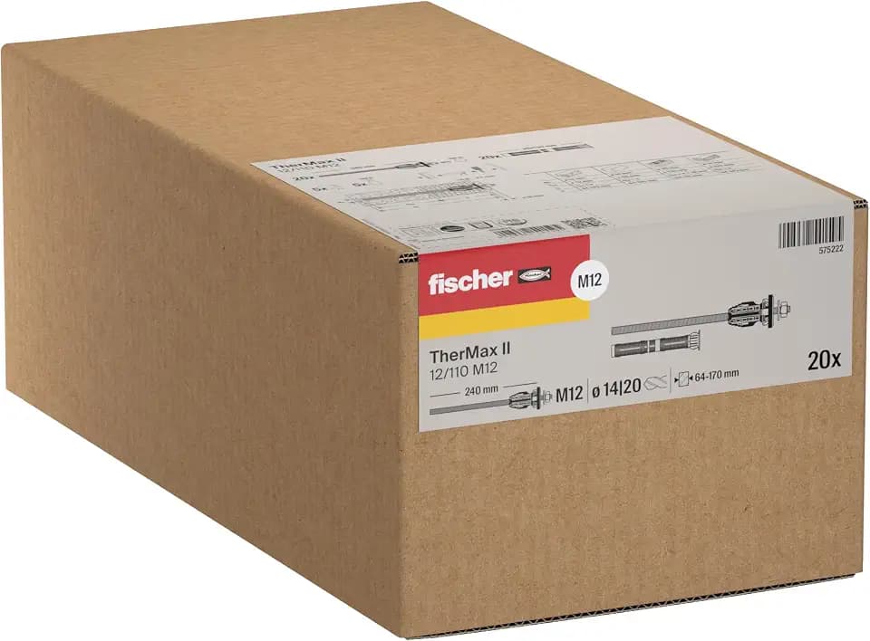 fischer Abstandsmontagesystem TherMax II 12/110 M12 für WDVS, zur Befestigung hoher Lasten in Wärmedämmverbundsystemen, schlagregendicht, mit Anti-Kälte-Konus, 20 Stück