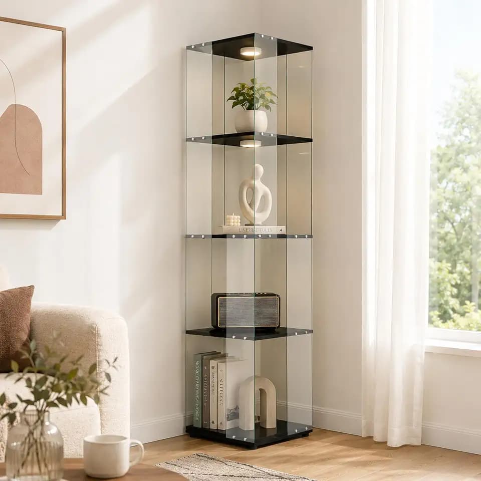 Aplancee 360°drehbare Glasvitrine stehend mit LED, 4 Böden, 160 cm, Schwarz