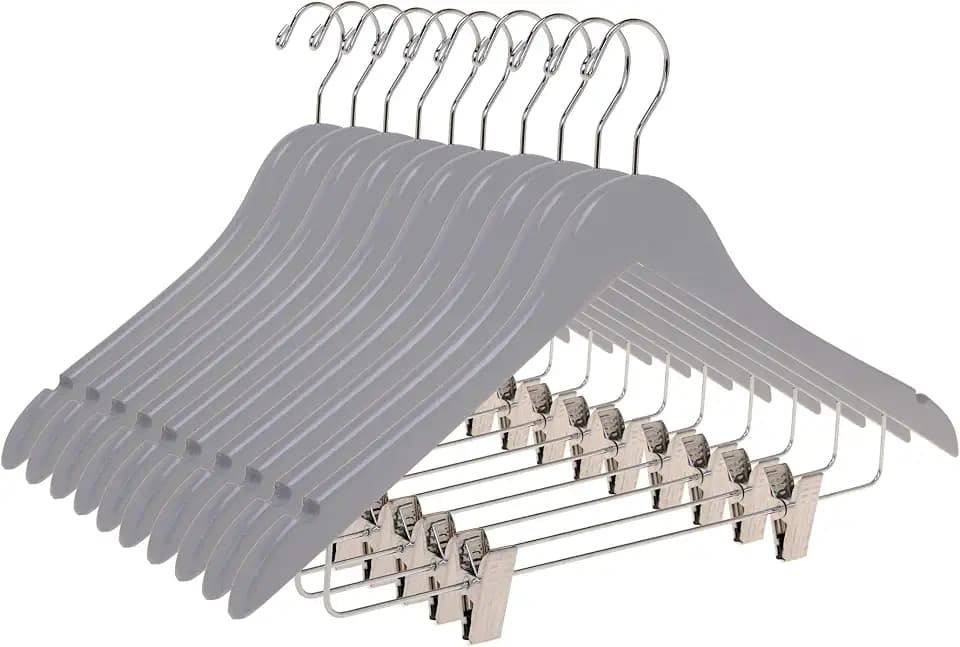 Quality Wooden Semi Curved Skirt Hangers with Clips, 10-Pack Smooth Solid Wood Pants Hangers with Durable Adjustable Metal Clips, Swivel Hook, Coat, Jacket, Blouse Suit Hangers (Gray, 10)