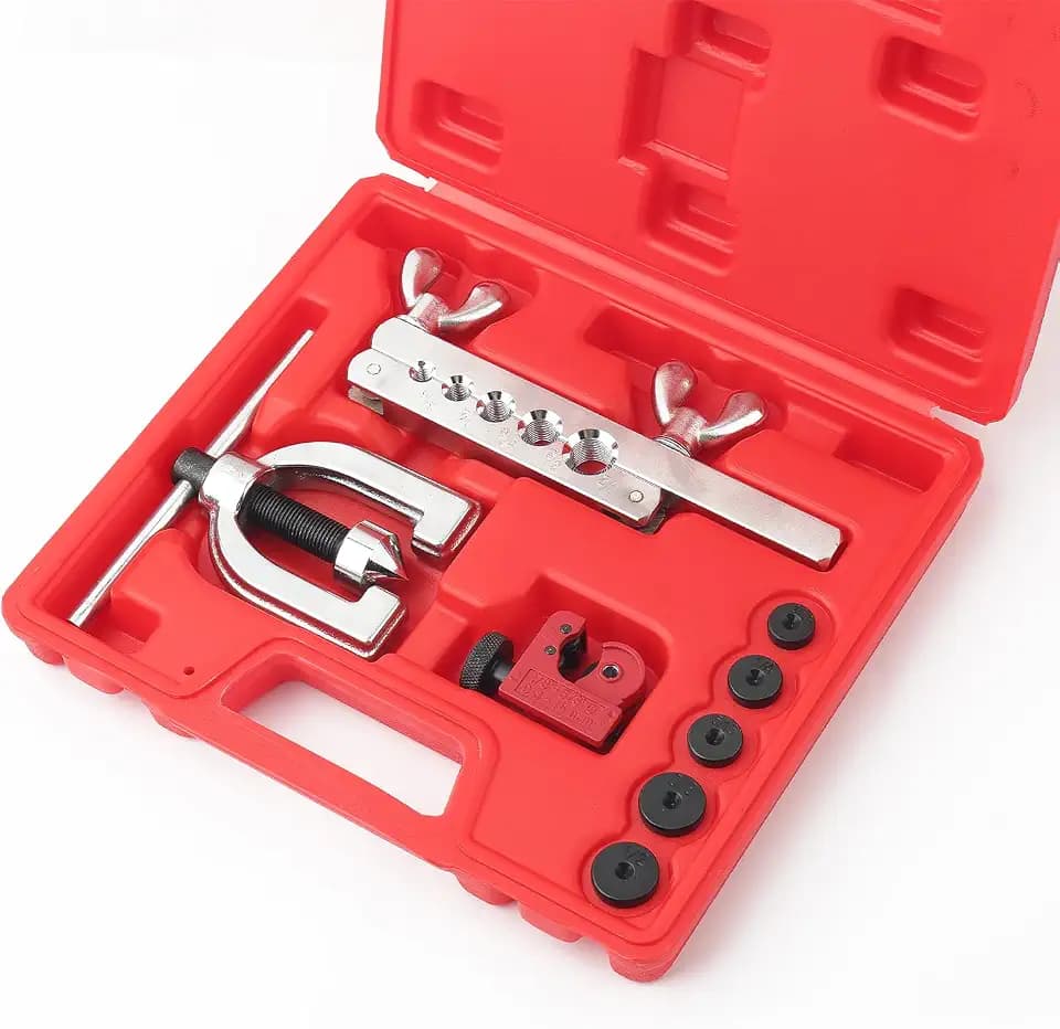 Turcee Double and Single Brake Line Flaring Tool Kit,Steel Brake Flaring Tool Kit Include 5 Adapters,Tube Cutter,Flaring Cone,Flare Rod,Professional Brake Flare Tool Kit for Brake Lines