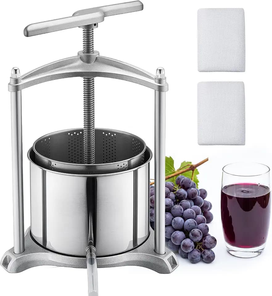 VEVOR Manuelle Beerenpresse 6 L aus Edelstahl (Innenbehälter), Weinpresse und Obstpresse für Äpfel, Weintrauben, Orangen und Gemüse, Apfelpresse mit 2 Filterbeuteln & T-förmigem Griff, Saftpresse